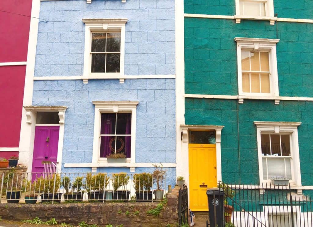 Brightly coloured houses on Amrose Road Clifton Bristol