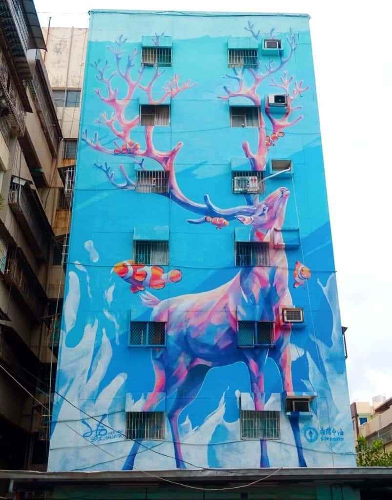 Stag street art on apartment block Kaohsiung 2 weeks Taiwan