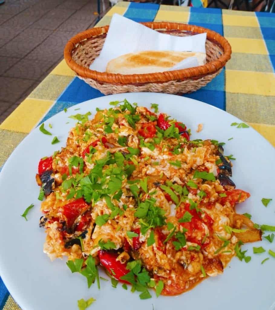 Plate of omelette cheese and vegetables outside cafe Sofia Bulgaria 