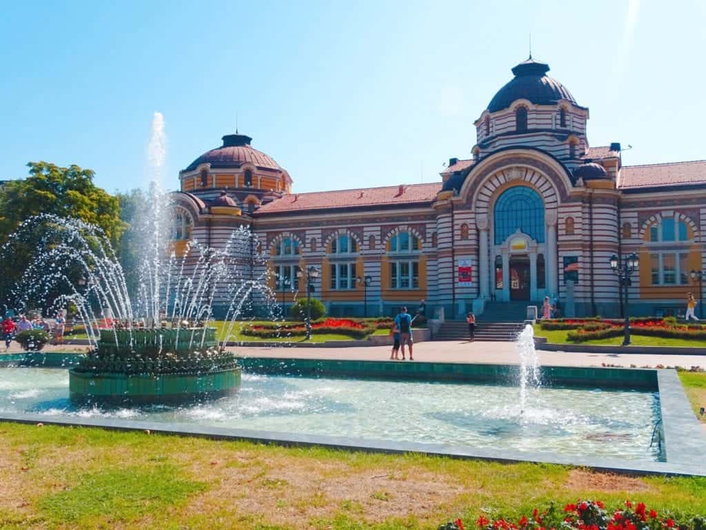 Water fountains in front of Central Mineral Bath building Sofia Bulgaria 