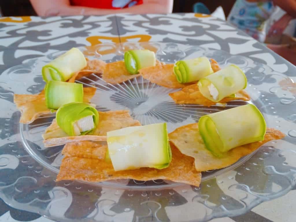 Courgette wrapped cheese on crackers Sofia Bulgaria