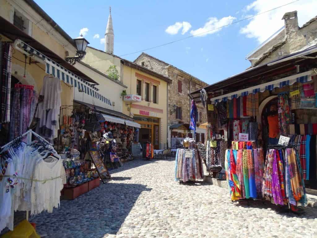 Colourful market in cobbled Mostar street