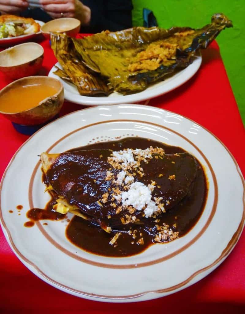 Mole enchillada served in a modest restaurant in Mexico City