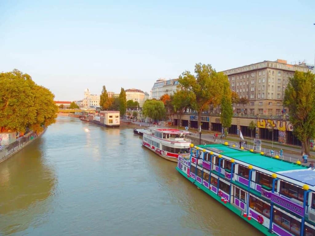 Colourful boats along Vienna canal