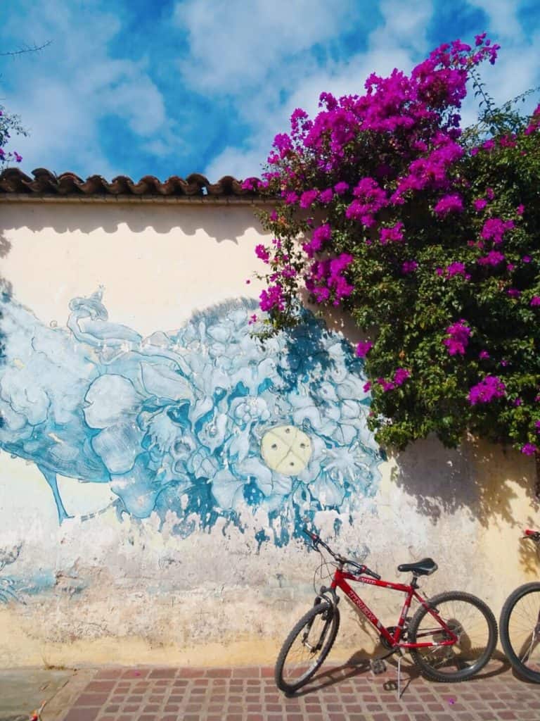Red bike leaning in front of Oaxaca street art