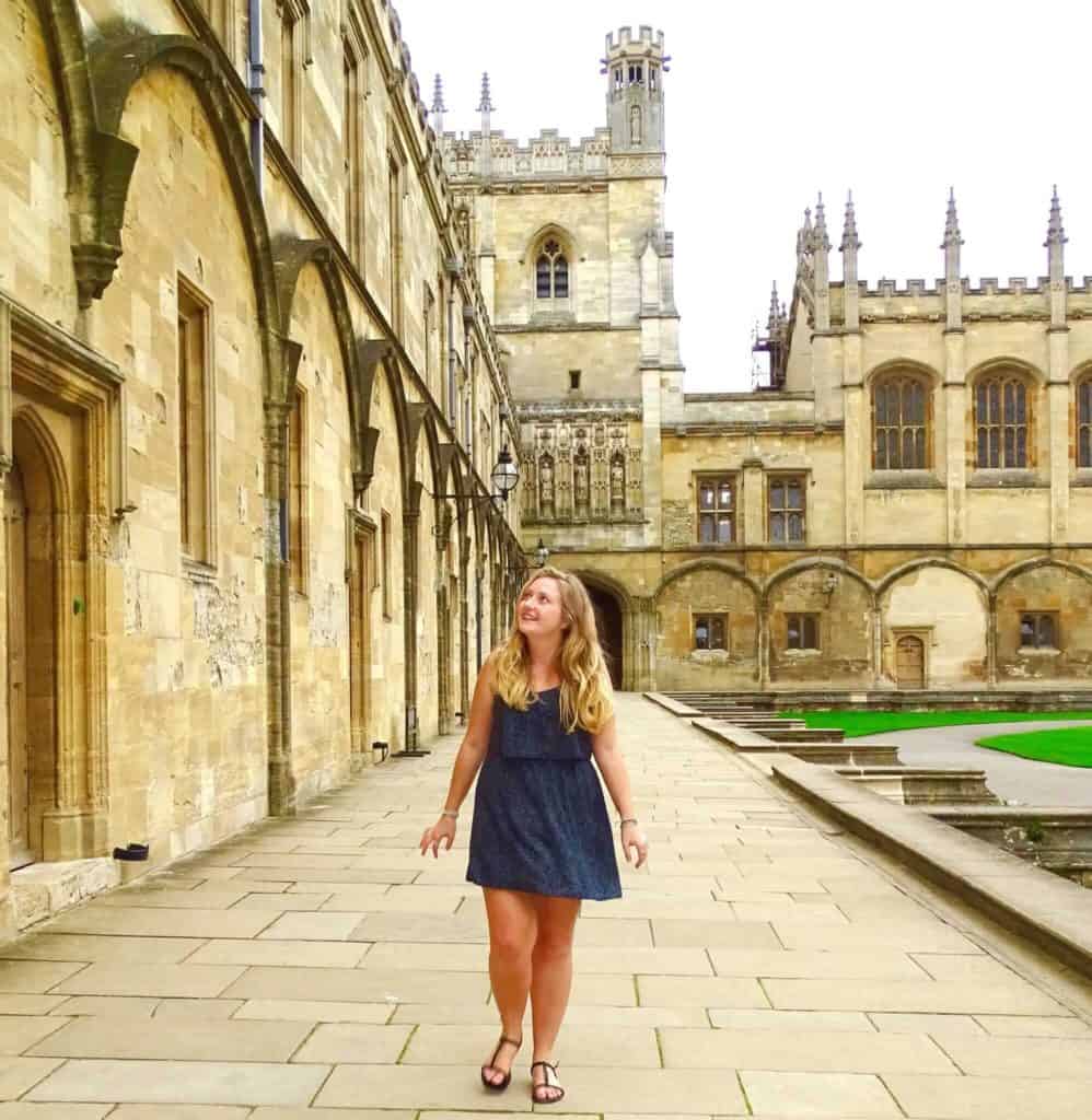 Girl walking through Christ Church quad Oxford