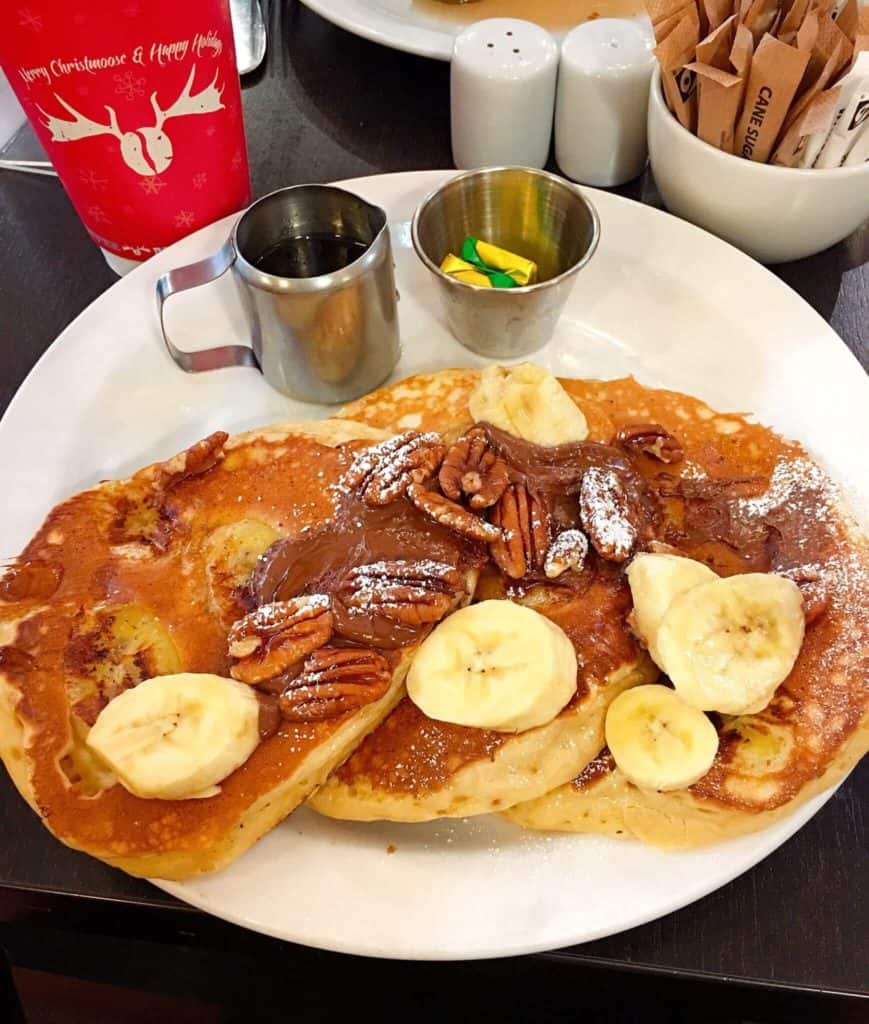 Pancakes with chocolate banana and pecans at Moose Coffee Liverpool