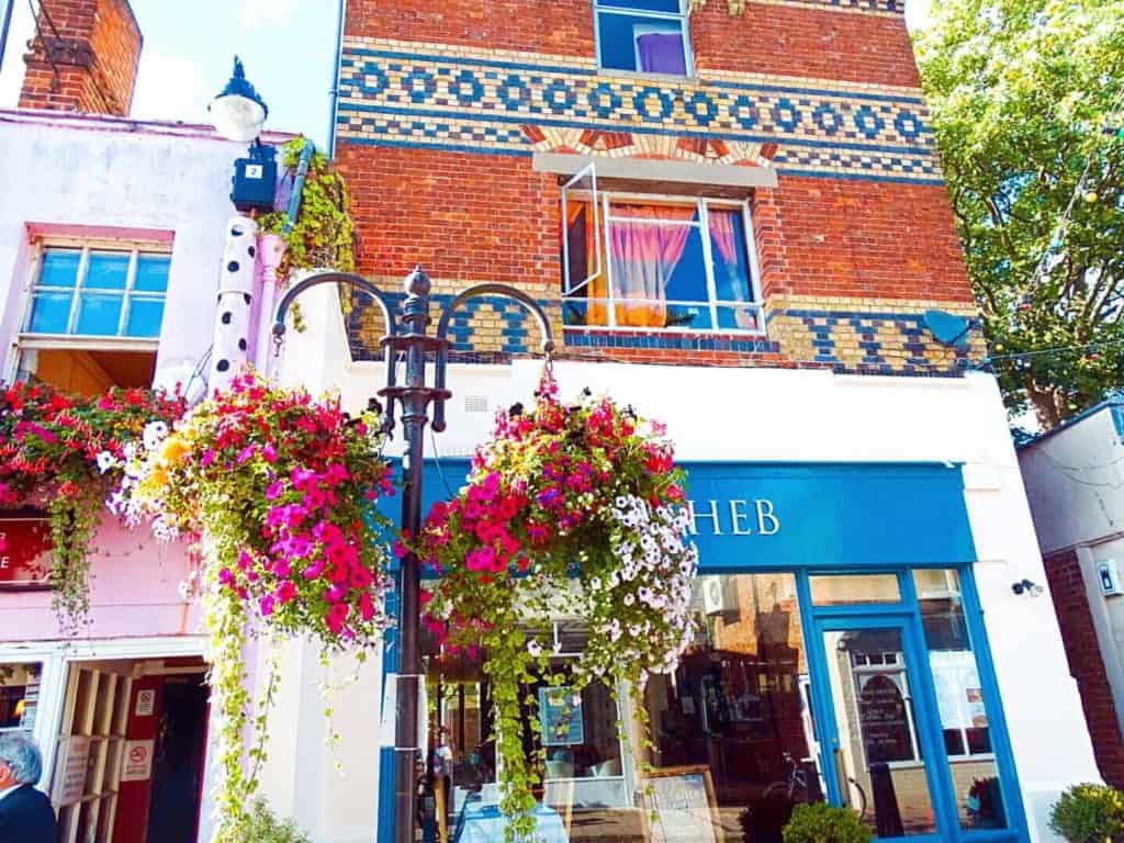 Hanging flower baskets at North Parade Market Oxford