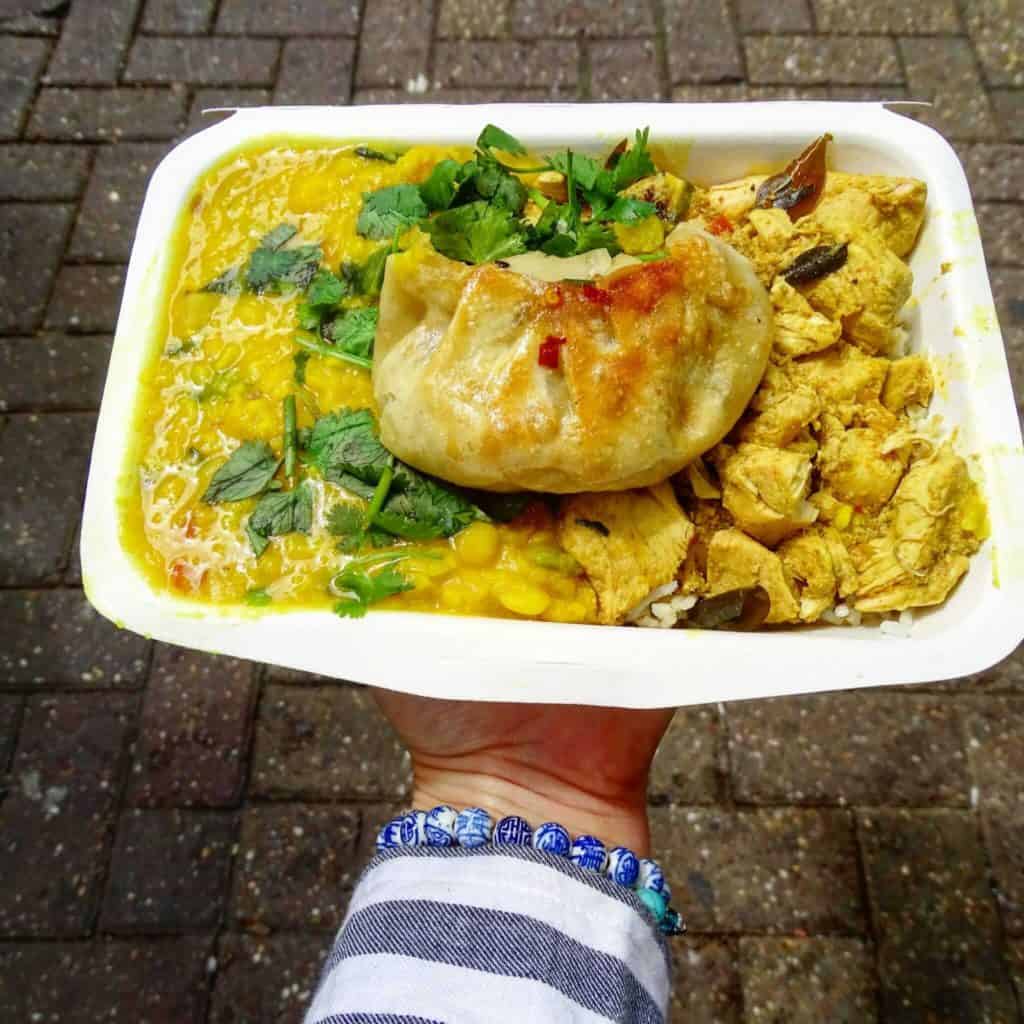 Box of chicken curry and mom at Taste Tibet Oxford