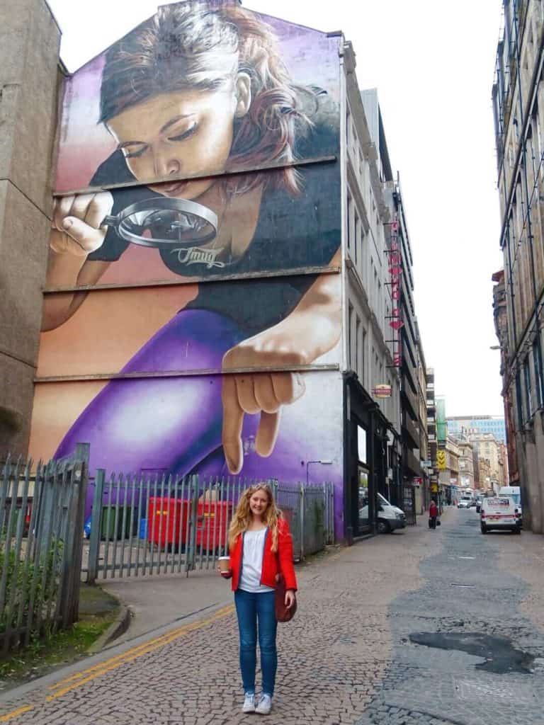 Woman with magnifying glass street art Wilson Street Glasgow 