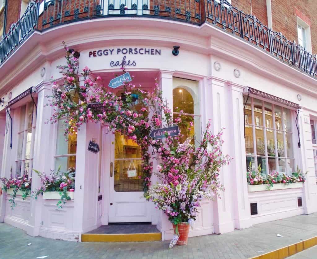 Pink flowers outside Peggy Porschen Cakes