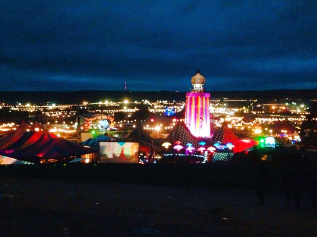 Glastonbury Festival illuminated at night