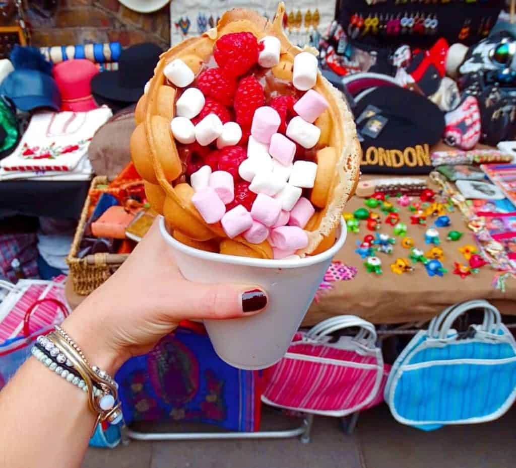 Bubble waffles with marshmallow and fruit Brick Lane Food Hall London 