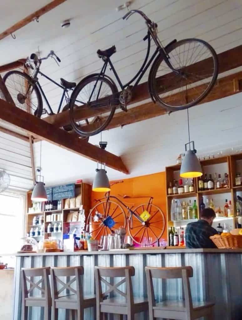 Hanging bikes inside Handle Bar Cafe Oxford