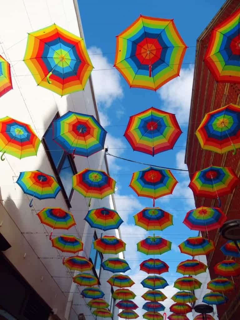 Rainbow umbrellas in Birmingham Chinese Quarter