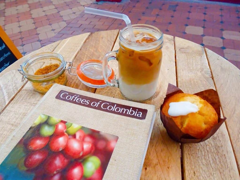 Iced coffee with a muffin and cook about coffee of colombia Oxford