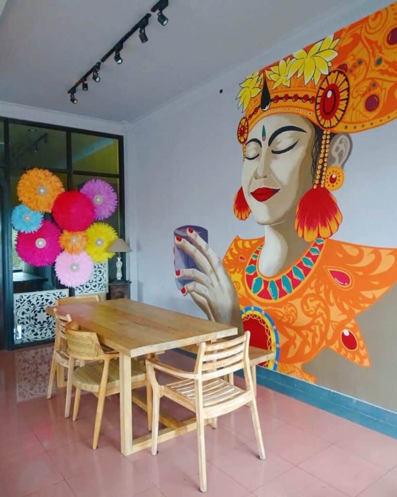 Colourful murals at Gangga Coffee Ubud coffee shop