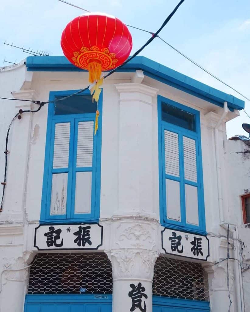Blue building with Chinese letters Melaka