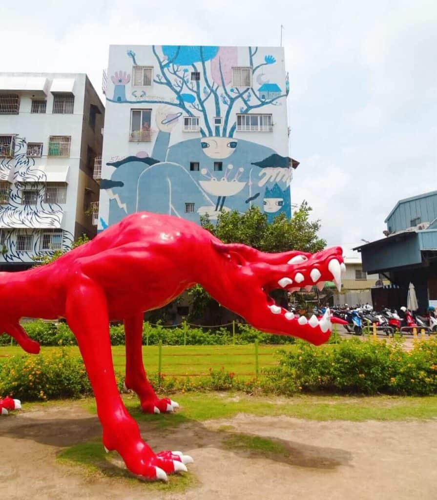 Red statue Pier 2 Art Center Kaohsiung activities