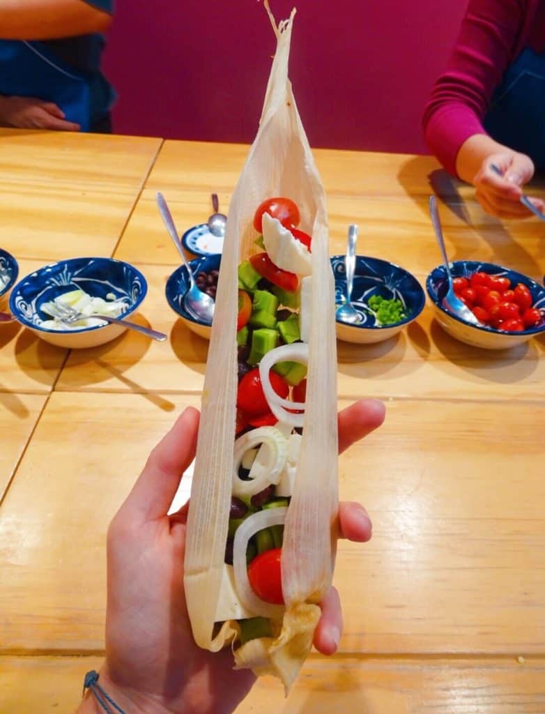 Roasted vegetable tamale Aura Cocina Mexicana cooking class