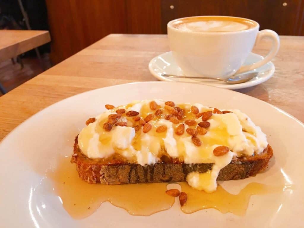 Toast with goats cheese and pine nuts Gails Bakery