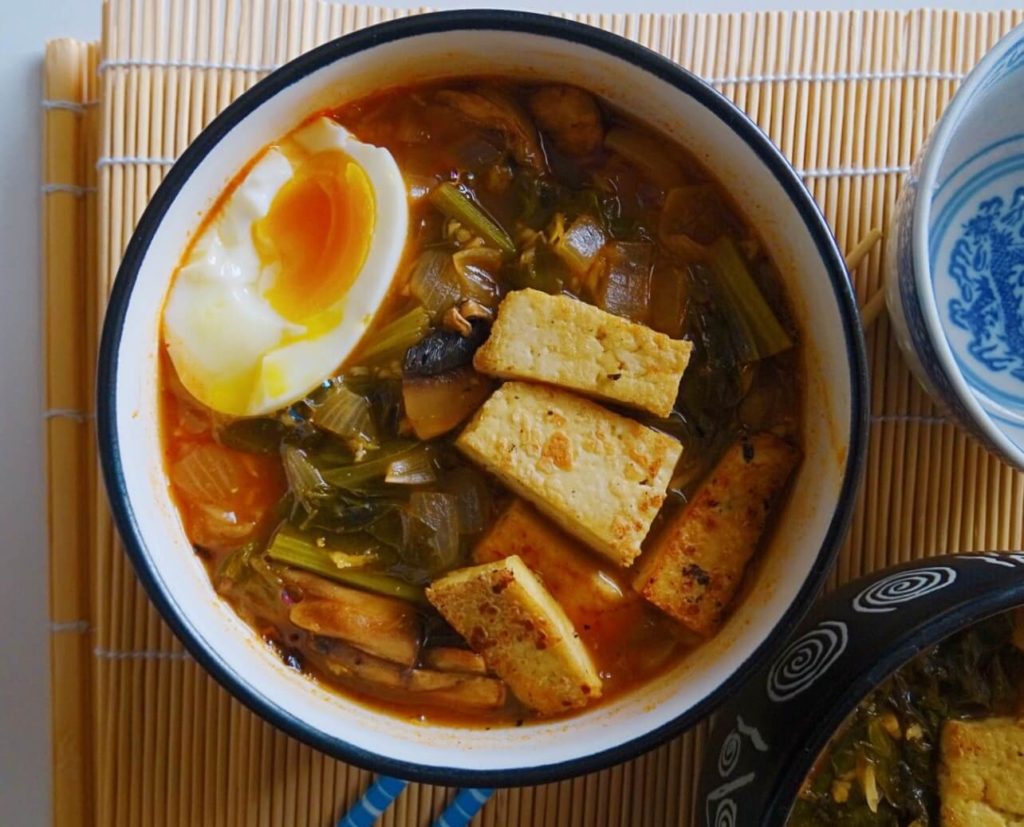 Ramen with soft egg vegetarian recipe using kimchi 
