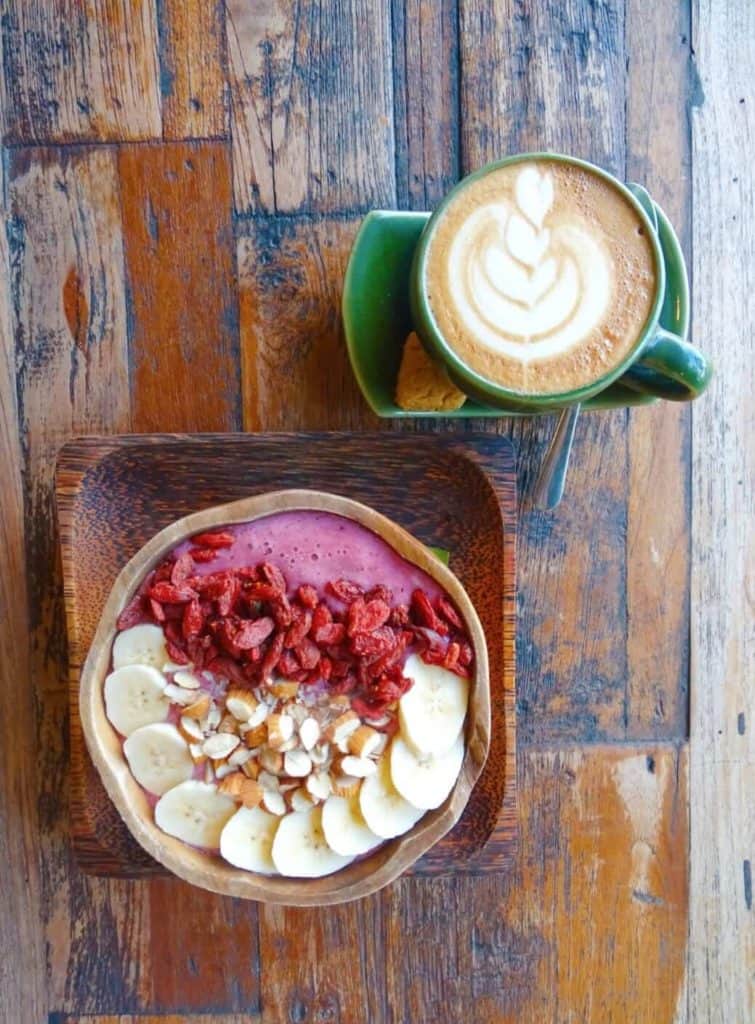 Banana and goji bowl and coffee at Atman Nourish Cafe Ubud