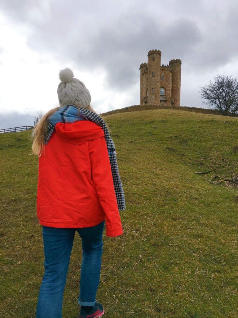 Girl in red coat Broadway Tower 