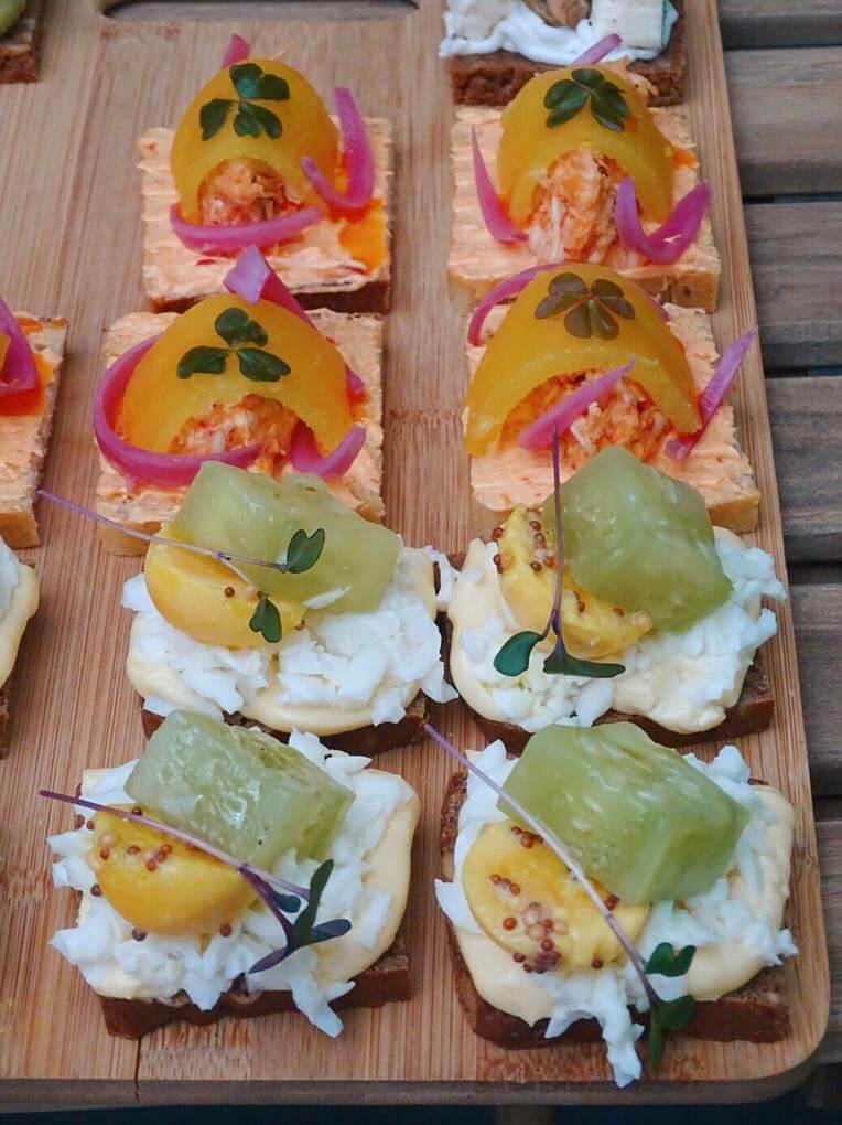 Chlebičky open sandwiches with cucumber chicken and egg