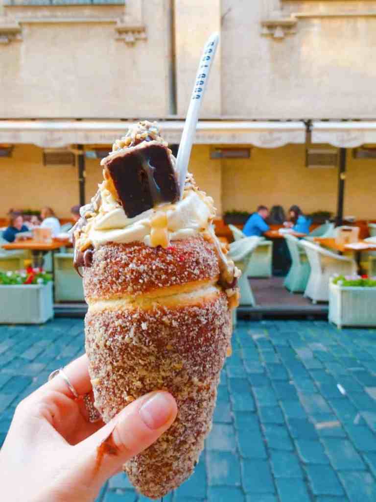 Trdelník with ice cream and brownie Prague 