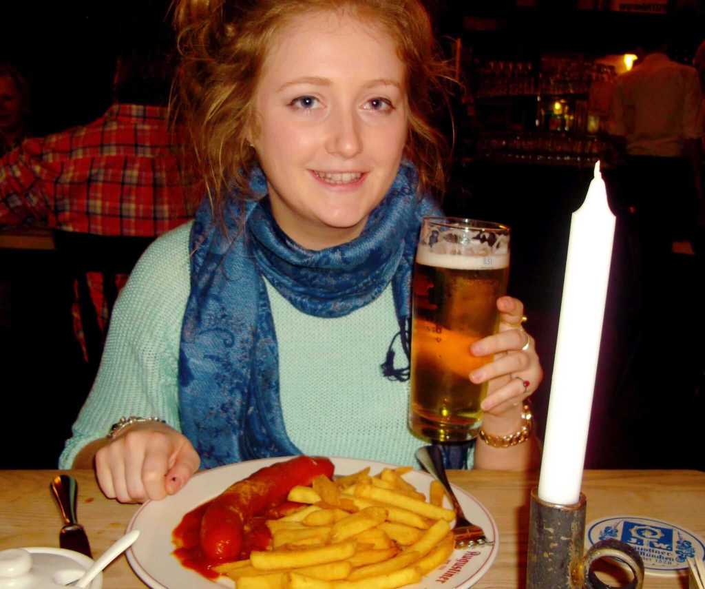 Meal of Bratwurst and beer