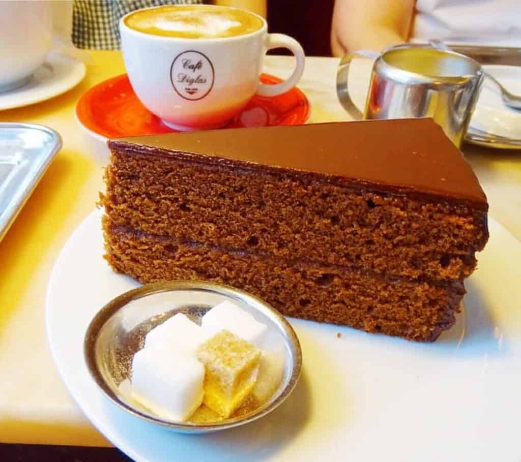 Sacher torte and coffee at Cafe Diglas