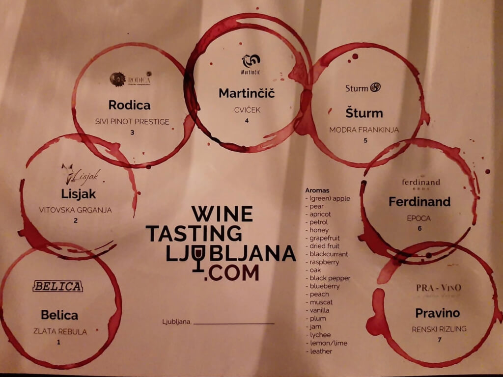 menu for ljubljana wine tasting