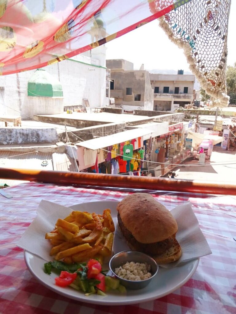 Veggie burger at Laughing Buddha cafe Pushkar