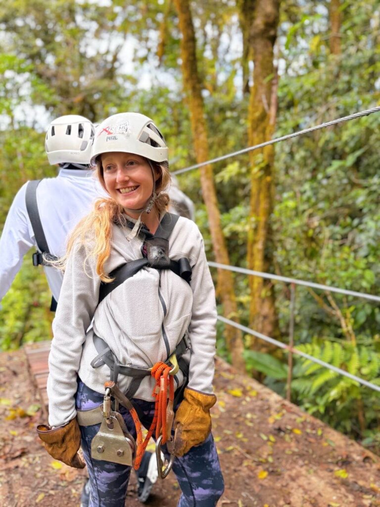 Zip lining during solo travel in Costa Rica